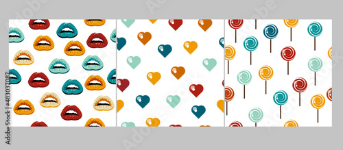 Set of seamless heart pattern vector. Retro colored hearts, lollypops, lips. Many vector lips.