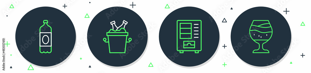 Set line Beer bottles in ice bucket, Vending machine, Plastic beer and Glass of icon. Vector Set line Beer bottles in ice bucket, Vending machine, Plastic beer and Glass of icon. Vector
