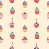 Seamless holiday cupcake pattern on yellow background
