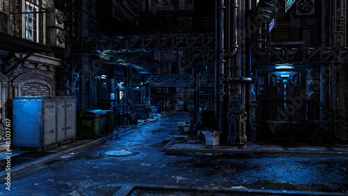 Photo Dark seedy backstreet in a fantasy future cyberpunk city with moody blue tones
