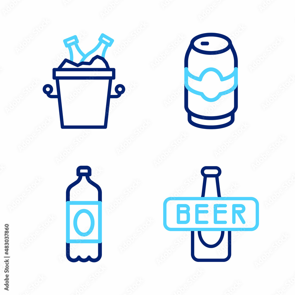 Set line Beer bottle, Plastic beer, can and bottles in ice bucket icon. Vector Set line Beer bottle, Plastic beer, can and bottles in ice bucket icon. Vector