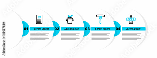 Set line Beer bottle, Sausage on the fork, bottles in ice bucket and menu icon. Vector
