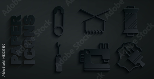Set Sewing machine, thread on spool, Awl tool, Leather, Knitting needles and Safety pin icon. Vector