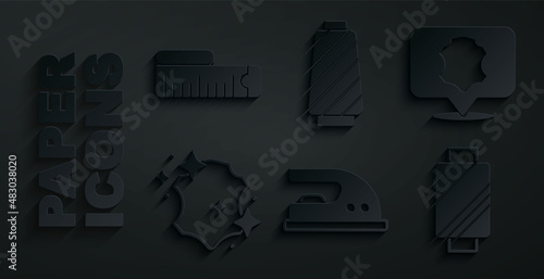 Set Electric iron, Leather, Sewing thread spool, and Tape measure icon. Vector