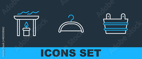 Set line Sauna bucket, Aroma candle and Hanger wardrobe icon. Vector