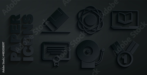 Set Ringing alarm bell, Online class, Certificate template, Medal, Atom and Eraser or rubber icon. Vector