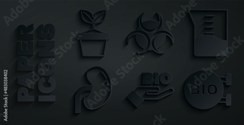 Set Bio healthy food, Laboratory glassware or beaker, Human kidney, Biohazard symbol and Plant in pot icon. Vector