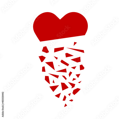 Broken heart concept icon. Red heart with geometry shapes as symbol of medical cardiovascular health care problems due to illness and unrequited love or one-sided love.