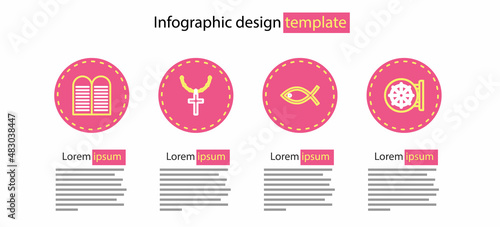 Set line Christian fish, Dharma wheel, cross on chain and The commandments icon. Vector