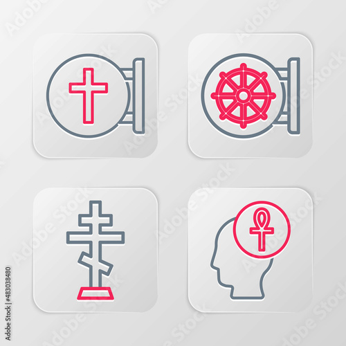 Set line Cross ankh, Christian cross, Dharma wheel and icon. Vector
