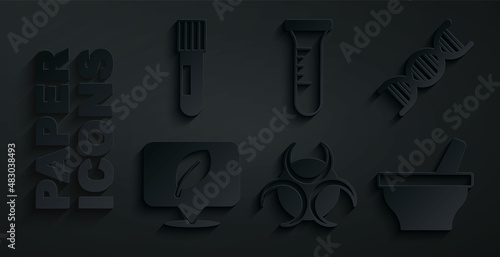 Set Biohazard symbol, DNA, Location with leaf, Mortar and pestle, Test tube flask and icon. Vector