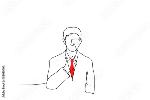man in business suit stands straightening his red tie - one line drawing vector. concept of being nervous before interview or important business meeting, men's office fashion, bright tie