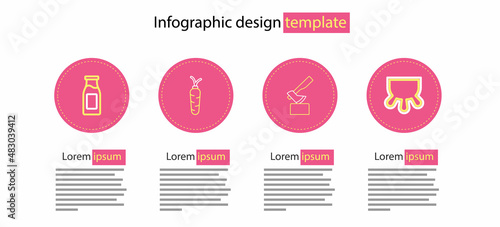 Set line Wooden axe, Udder, Carrot and Bottle with milk icon. Vector