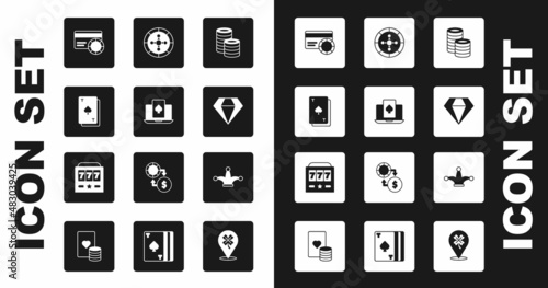 Set Casino chips, Online poker table game, Playing card with spades, Credit, Diamond, roulette wheel, Joker playing and Slot machine jackpot icon. Vector