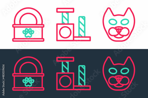 Set line Cat, Canned food and scratching post icon. Vector