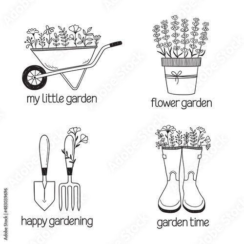Set of hand drawn compositions with gardening tools and flowers. Garden, flower shop, landscape design, farming concepts, icons, logo