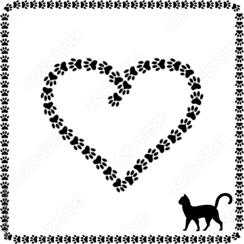 Frame of cat footprints with heart, valentines day , vector illustration