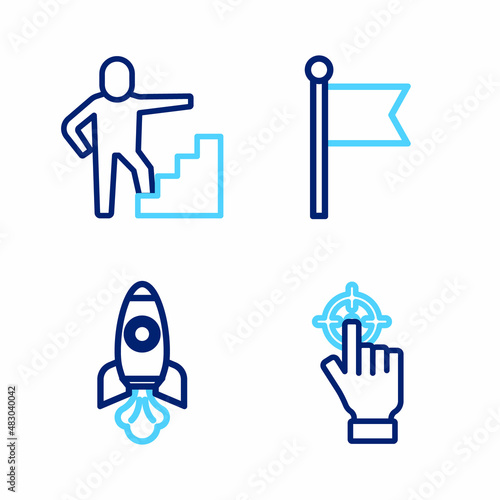 Set line Target, Rocket ship, Flag and Stair with finish flag icon. Vector