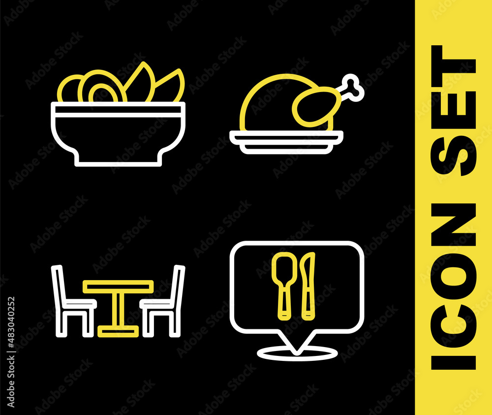 Set line Roasted turkey or chicken, Cafe and restaurant location, Wooden table with chair and Nachos in plate icon. Vector Set line Roasted turkey or chicken, Cafe and restaurant location, Wooden table with chair and Nachos in plate icon. Vector