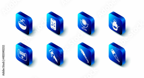 Set Barber online service or platform, Round makeup mirror, apron, Electrical hair clipper, and Washbasin icon. Vector