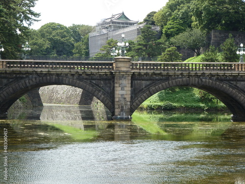 Seimon Ishibashi Bridge leading to the main gate of Tokyo Imperial Palace with reflections on the water (horizontal), Tokyo, Japan