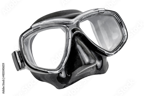 Black snorkel on white background. Equipment for diving.