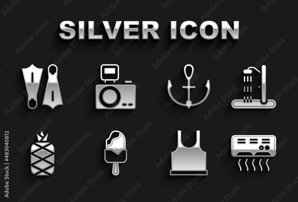 Set Ice cream, Beach shower, Air conditioner, Sleeveless T-shirt, Pineapple, Anchor, Rubber flippers for swimming and Photo camera with flash icon. Vector Set Ice cream, Beach shower, Air conditioner, Sleeveless T-shirt, Pineapple, Anchor, Rubber flippers for swimming and Photo camera with flash icon. Vector
