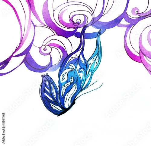 Amazing colorful background with butterfly. Watercolor illustration