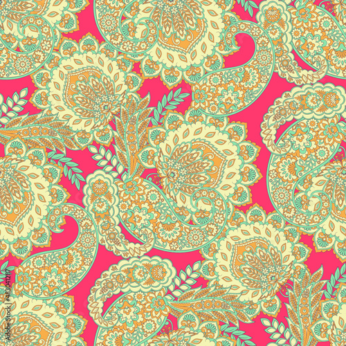 Floral seamless pattern with paisley ornament. Vector illustration in asian textile style