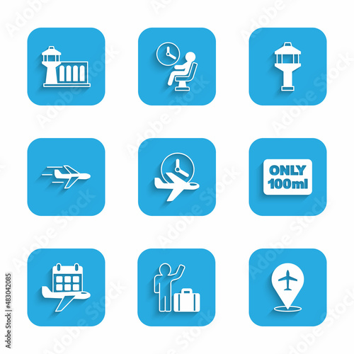 Set Flight time, Tourist with suitcase, Plane, Liquids in carry-on baggage, Calendar and airplane, Airport control tower and icon. Vector