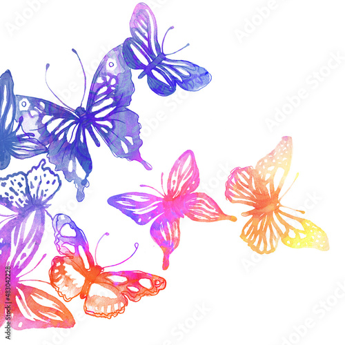 Amazing background with butterflies and flowers painted with watercolors