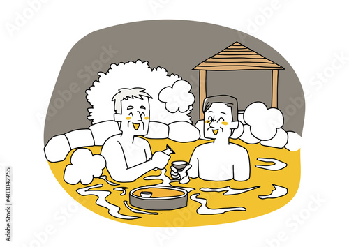 屋外の温泉で熱燗を酌み交わす高齢の男性　コミカルな手書きの人物　ベクター、線画にシンプルな色つけ　
