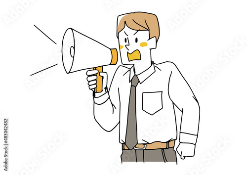 拡声器で叫ぶビジネスマン　コミカルな手書きの人物　ベクター、線画にシンプルな色つけ　