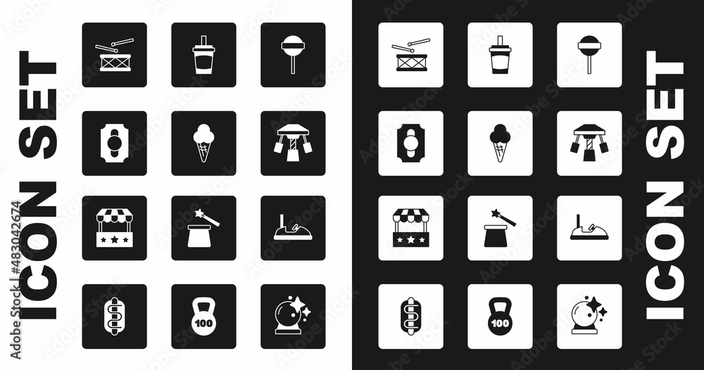 Set Lollipop, Ice cream in waffle cone, Circus ticket, Drum with drum sticks, Attraction carousel, Paper glass water, Bumper and Ticket box office icon. Vector Set Lollipop, Ice cream in waffle cone, Circus ticket, Drum with drum sticks, Attraction carousel, Paper glass water, Bumper and Ticket box office icon. Vector