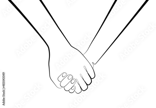 Two hands one line vector illustration. Lovers hands in minimalist abstract style. Female and male hands hold  each other. Continuous line art. Wedding illustration.