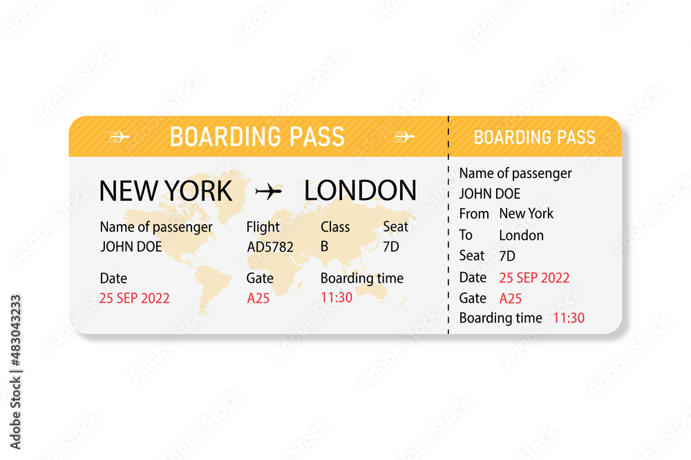 Airline boarding pass. Flight ticket template. Boarding pass with shadow on white background - obrazy, fototapety, plakaty 