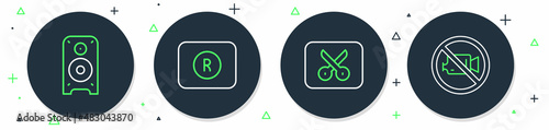 Set line Record button, Music video editing, Stereo speaker and Prohibition no recording icon. Vector