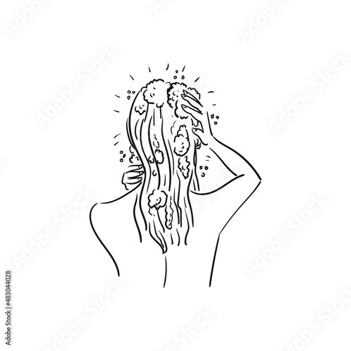 A beautiful woman stands with her back and washes her hair with shampoo. Linear illustration. Stock vector illustration isolated on white background.