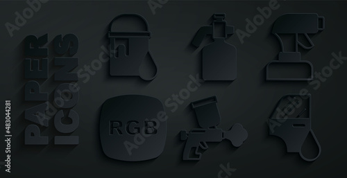 Set Paint spray gun, RGB, Car painting, and bucket icon. Vector