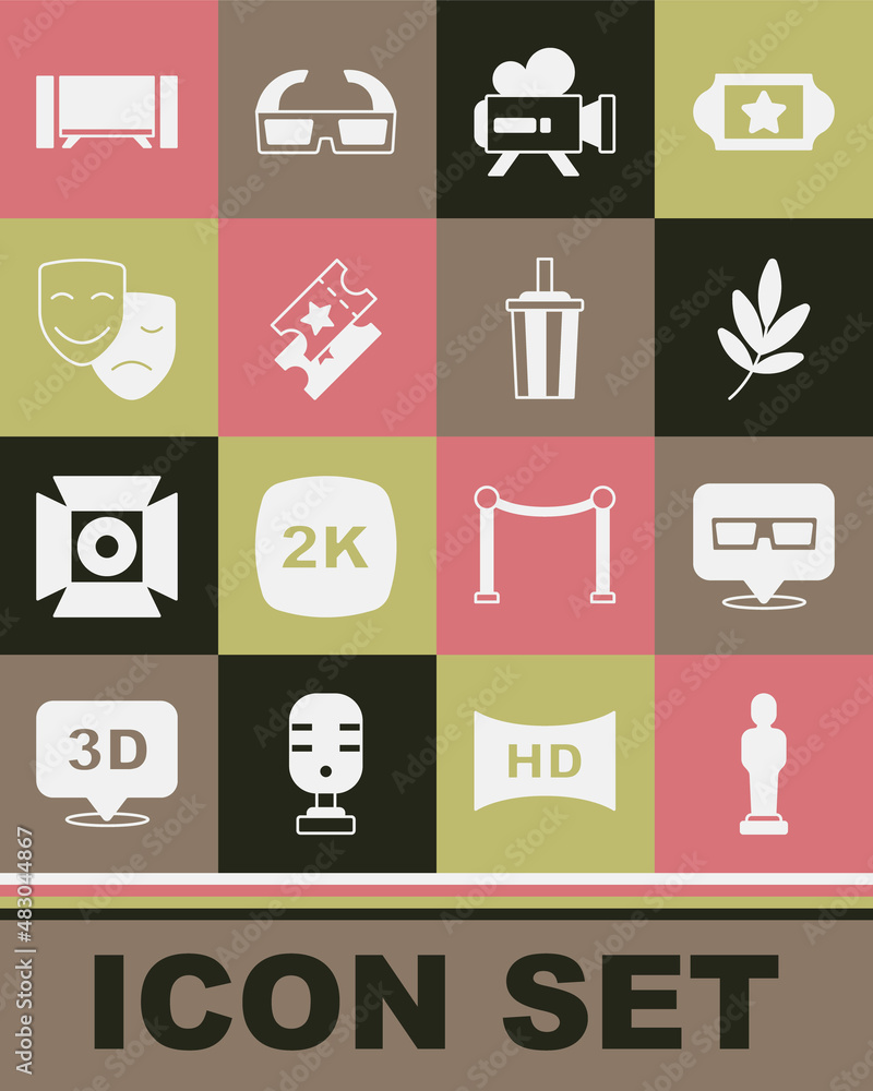 Set Movie trophy, 3D cinema glasses, Retro camera, Cinema ticket, Comedy and tragedy masks, Smart Tv and Paper with water icon. Vector Set Movie trophy, 3D cinema glasses, Retro camera, Cinema ticket, Comedy and tragedy masks, Smart Tv and Paper with water icon. Vector