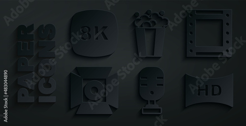 Set Microphone, Play video, Movie spotlight, Hd movie, tape, frame, Popcorn in cardboard box and 8k Ultra HD icon. Vector