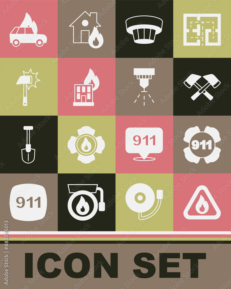 Set Fire flame in triangle, Emergency call 911, Firefighter axe, Smoke alarm system, burning building, Burning car and sprinkler icon. Vector Set Fire flame in triangle, Emergency call 911, Firefighter axe, Smoke alarm system, burning building, Burning car and sprinkler icon. Vector