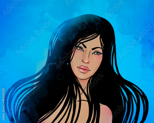 Foto Spa set: Brunette Asian girl with long hair, raster illustration