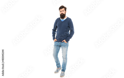 mature guy with beard isolated on white background, full length, male fashion