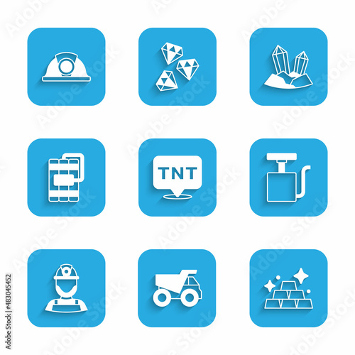 Set Dynamite, Mining dump truck, Gold bars, Handle detonator, Miner helmet, Gem stone and icon. Vector
