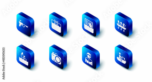 Set Swimming pool with ladder, Water polo, Canoe rowing team sports, Jet ski, Wetsuit for scuba diving, Photo camera, Windsurfing and Fishing harpoon icon. Vector