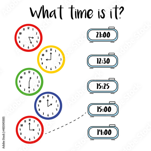 Learning time on the clock. Educational activity worksheet for kids and toddlers. Preschool game. Simple flat isolated illustration in cartoon style.Puzzle with clock and numbers. What time is it? 