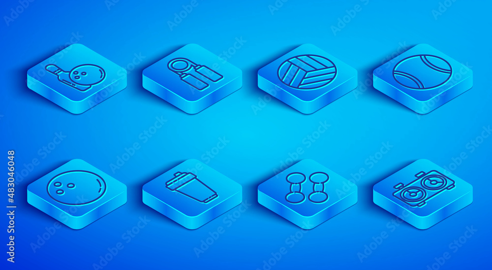Set line Bowling pin and ball, Sport expander, Volleyball, Fitness shaker, Dumbbell, Tennis, and Time chess clock icon. Vector Set line Bowling pin and ball, Sport expander, Volleyball, Fitness shaker, Dumbbell, Tennis, and Time chess clock icon. Vector