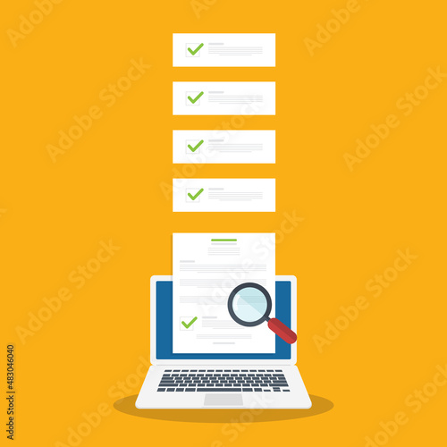 Online digital document inspection or assessment evaluation on laptop computer, contract review, analysis, inspection of agreement contract, compliance verification. Vector illustration	