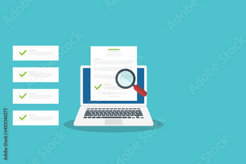 Online digital document inspection or assessment evaluation on laptop computer, contract review, analysis, inspection of agreement contract, compliance verification. Vector illustration	 photo